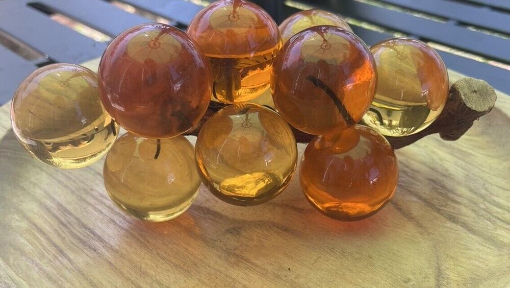 Vintage Lucite Acrylic Orange & Amber Grapes on Wood Large Grapes Glows 7in